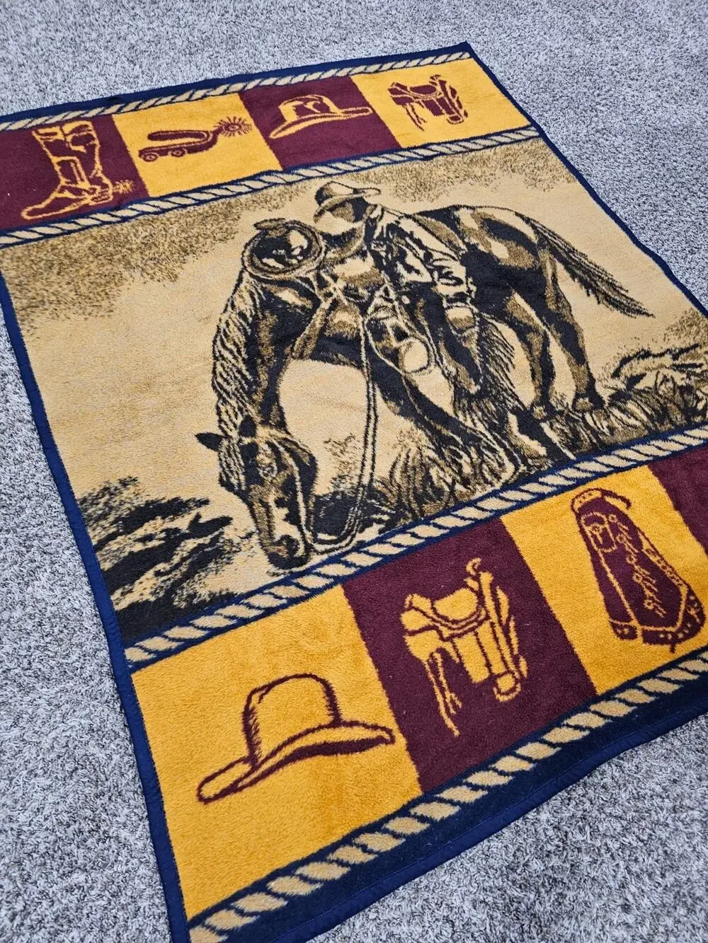 San Marcos Hi Pile Blanket Cowboy Horse Western Cabin Decor Rare 60
